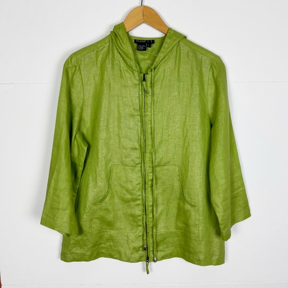 Jessica I. Jackets & Blazers - Jessica I. Jacket Size Large Linen Zip Up Hooded Green Metallic Sheen